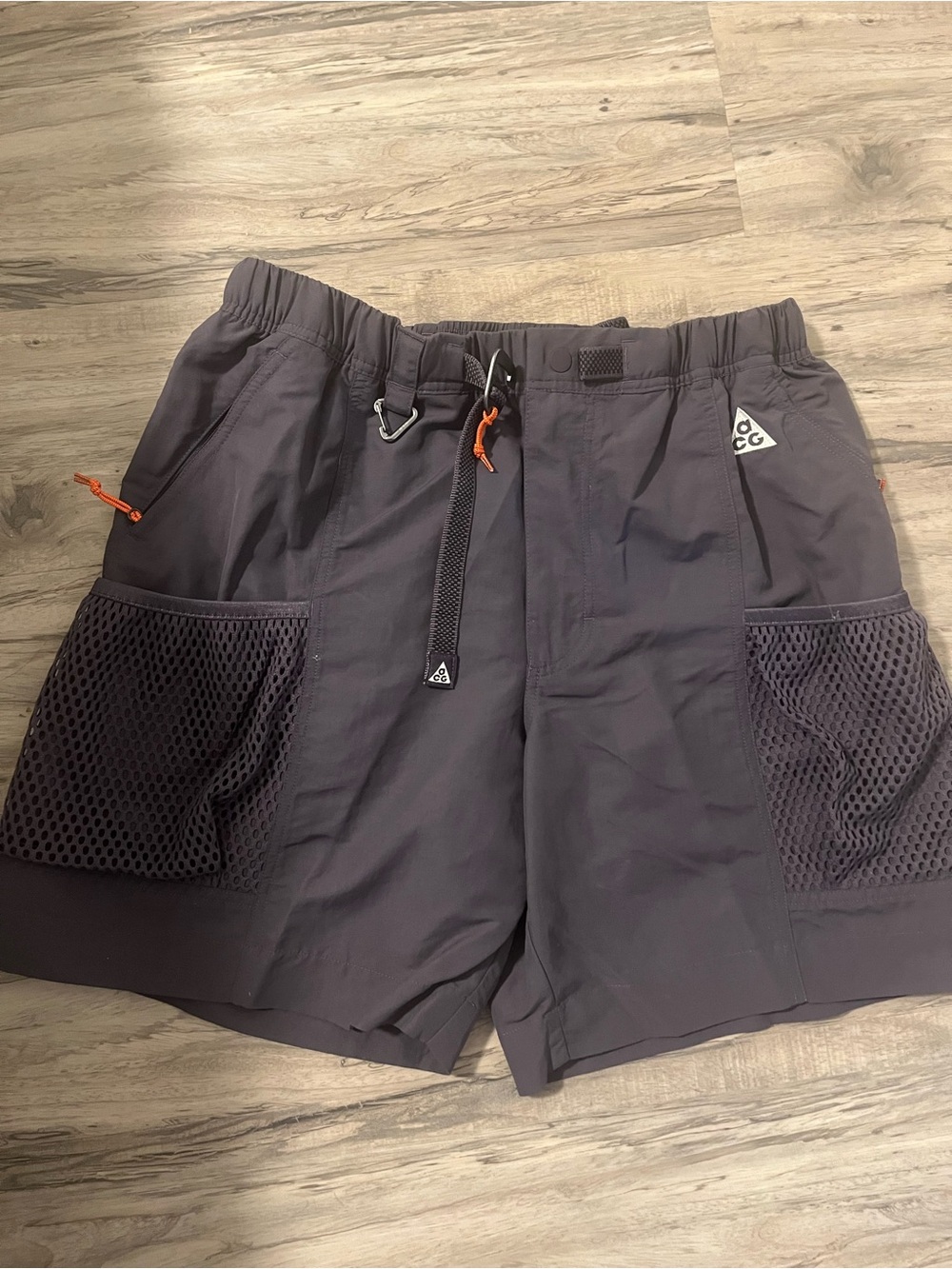 Nike ACG Charcoal Gray Hybrid Mesh Pocket Shorts with Orange Accents